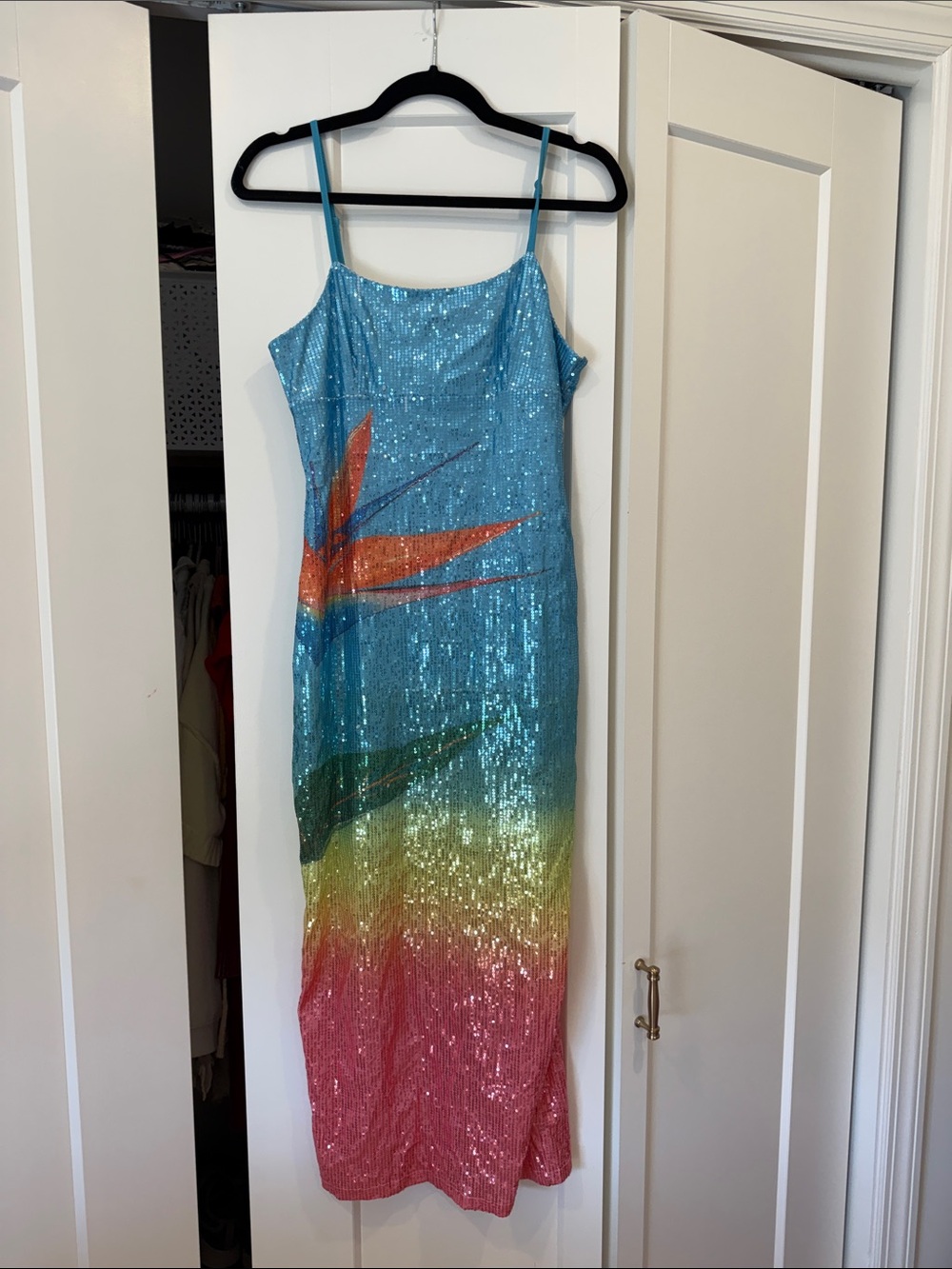 Sequin Ombre Slip Dress with Tropical Print